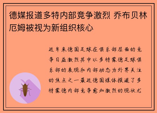 德媒报道多特内部竞争激烈 乔布贝林厄姆被视为新组织核心 德媒报道多特内部竞争激烈 乔布贝林厄姆被视为新组织核心