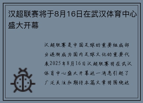 汉超联赛将于8月16日在武汉体育中心盛大开幕 汉超联赛将于8月16日在武汉体育中心盛大开幕