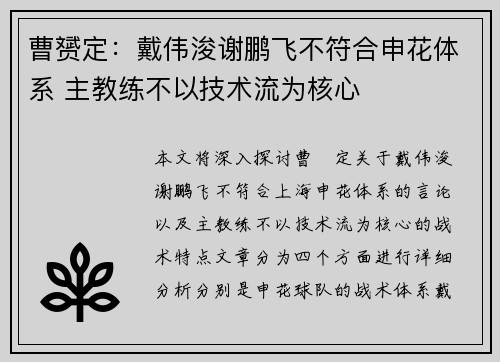 曹赟定:戴伟浚谢鹏飞不符合申花体系 主教练不以技术流为核心 曹赟定:戴伟浚谢鹏飞不符合申花体系 主教练不以技术流为核心